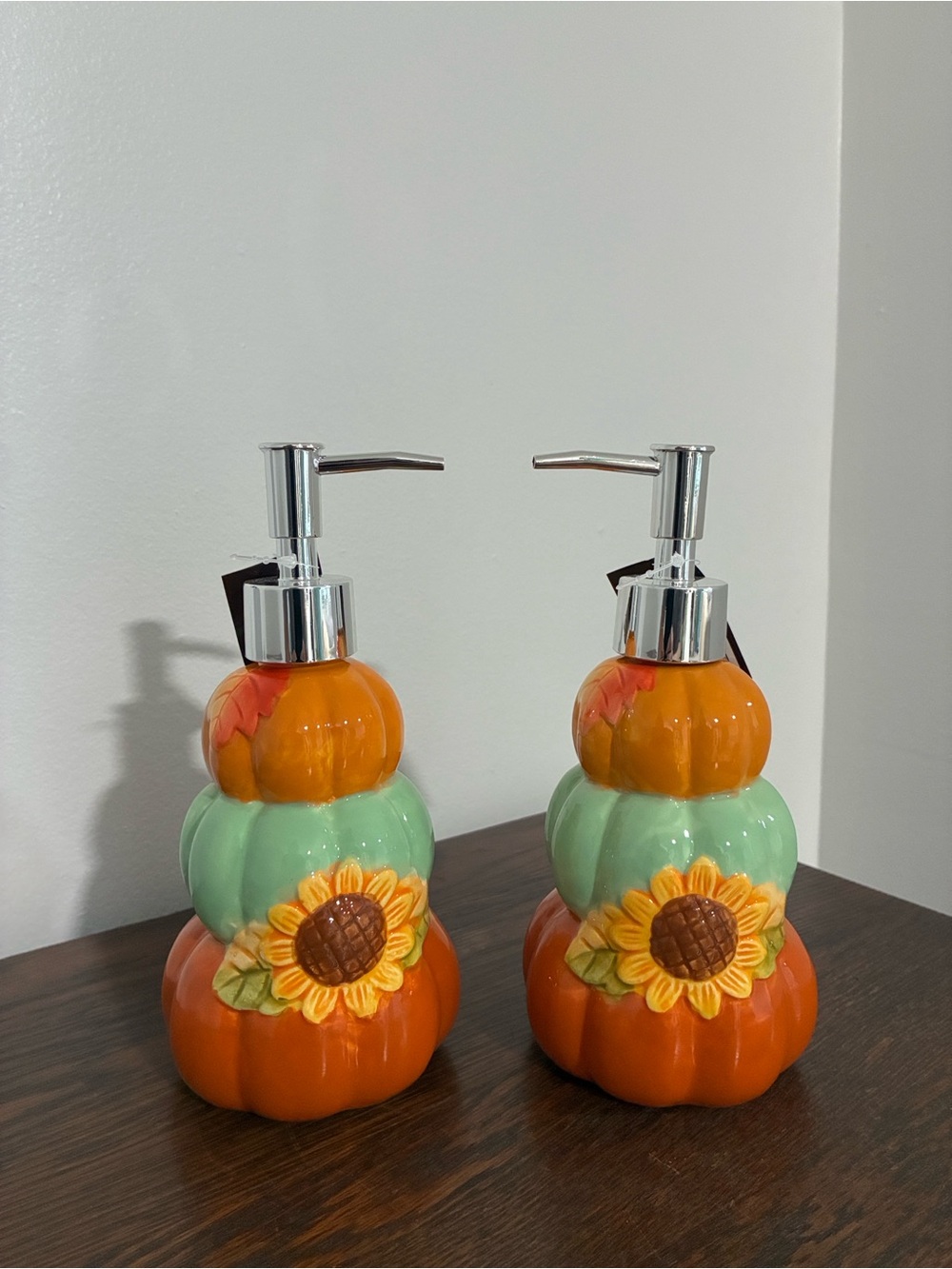 NWT- Set of 2- Triple Stack Pumpkin  Sunflower Ceramic Soap Dispensers